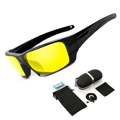 6 Lenses Polarized Fishing Sunglasses Camouflage Frame Sport Sun Glasses Fishing Eyewear Oculos De Sol Masculino UV 400: Yellow Lenses Box