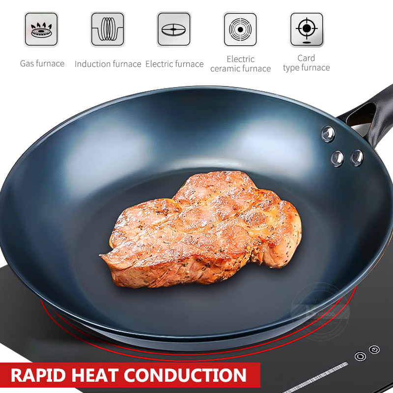 Flat stekepanne kinesisk tradisjonell jernpanne med trehåndtak ikke-belagt wok non-stick kokepanne for gass og induksjon