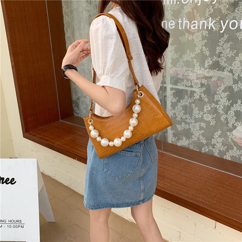 Crossbodytassen van pu-leer met krokodillenmotief voor dames, handtassen met parelmoeren handvat, mini-schoudertas met ketting en messengertas.