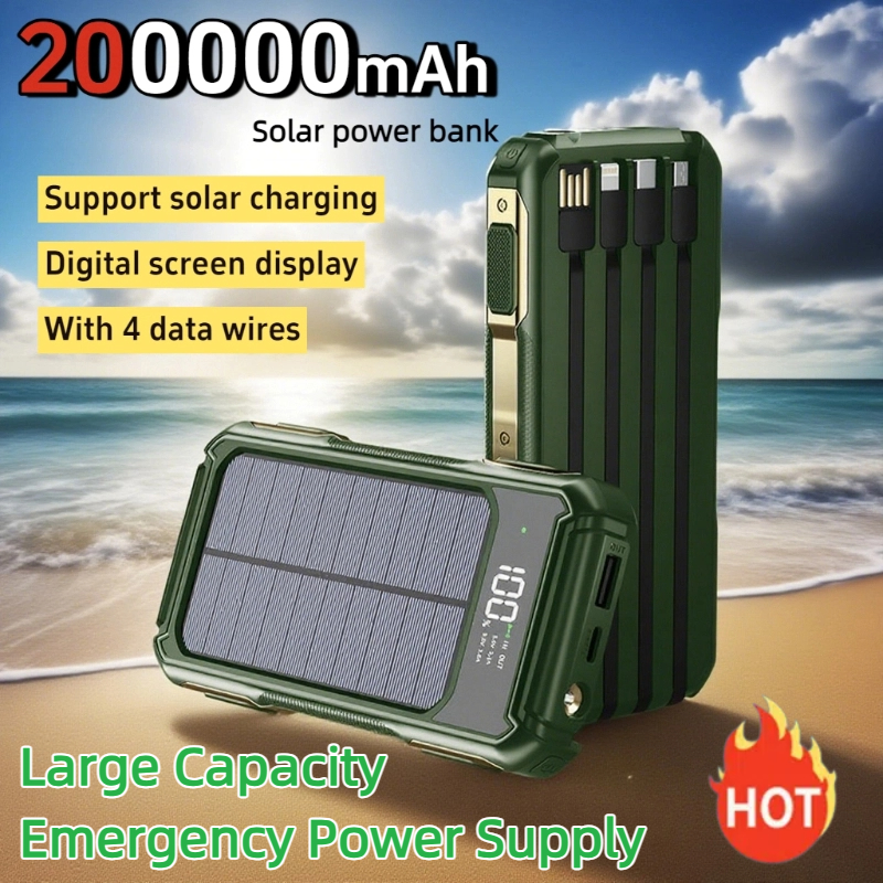 200000mAh 4 in 1 Built in Cables Solar Emergency Power Bank Large Capacity Intelligent Digital Display Power Supply for iPhone