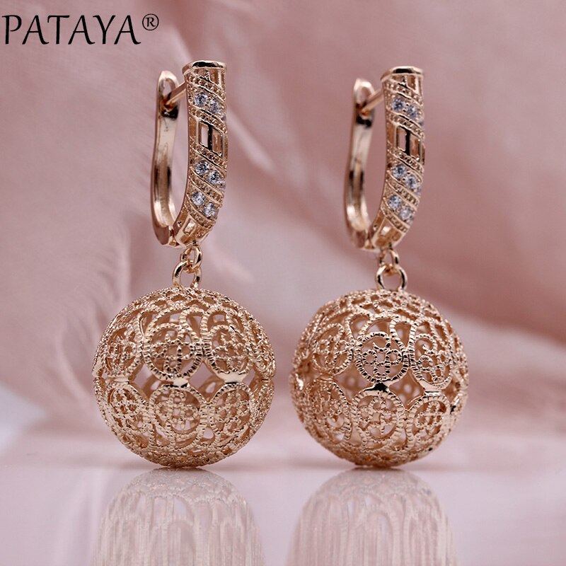 PATAYA Neue Große Muster Hohl Lange Ohrringe 585 Rose Gold Frauen Schmuck Weiß Natürliche Zirkon Geschnitzte Einzigartige Ohrringe
