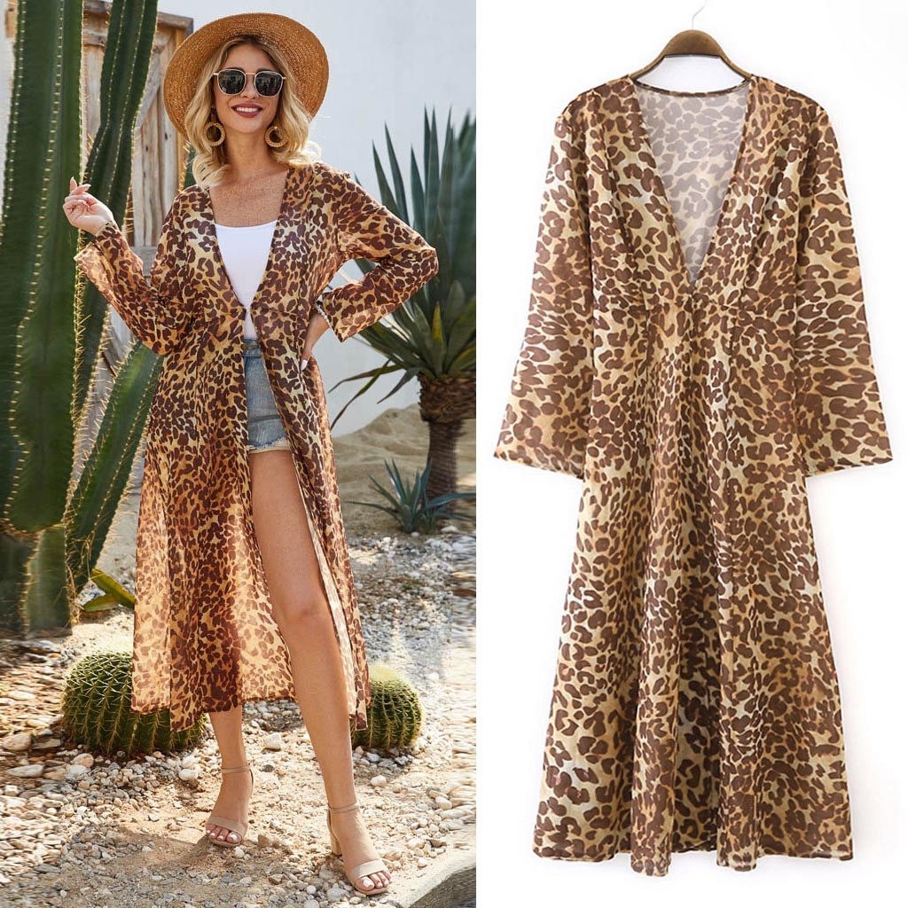 Women Leopard Print Chiffon Beach Kimono Long Cardigan Blouse Shawl Tops Outwear Leisure Comfortable trends