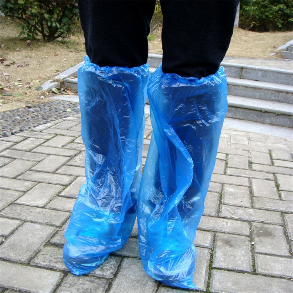 Engangs skoovertræk blå regnsko og støvler betræk plast lang skoovertræk klar vandtæt skridsikker overtrækssko