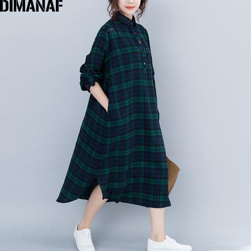 Dimanaf naisten mekot pitkähihaiset puuvilla vintage naisten vaatteet isot koot vestidos löysä printti ruudullinen naisten mekko syksy