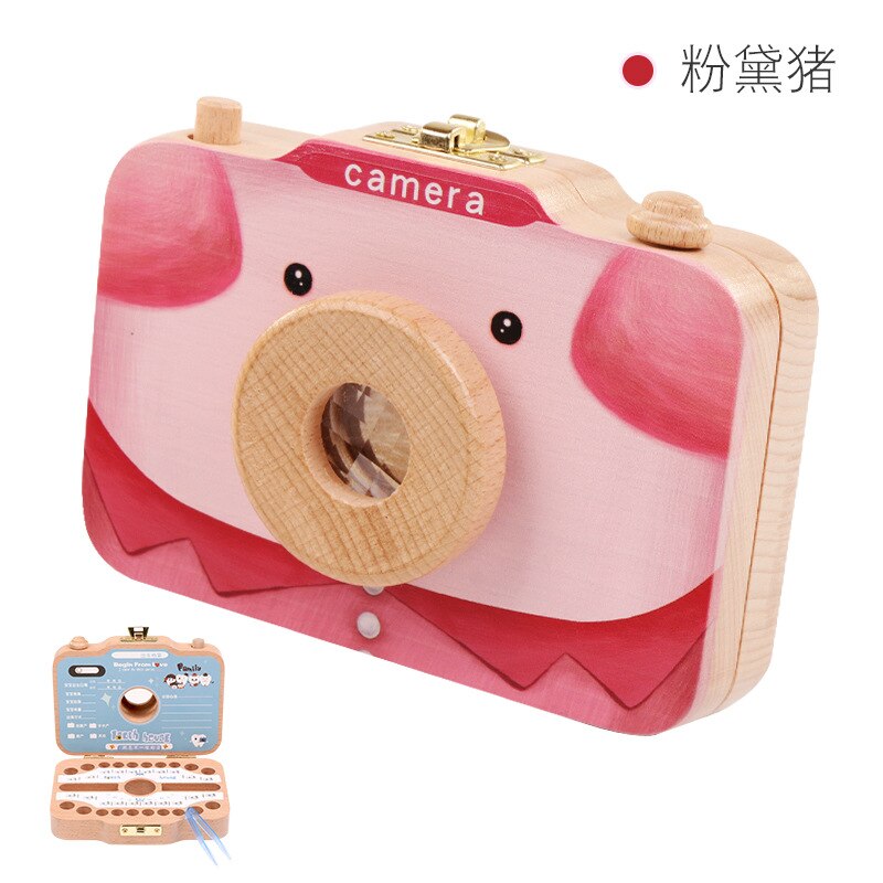 Wooden Camera Deciduous Teeth Save Storage Box Colorful Camera Teeth ya wu Protection Collection Box Lanugo Storage: Three Color Block  English Adhesive Paper