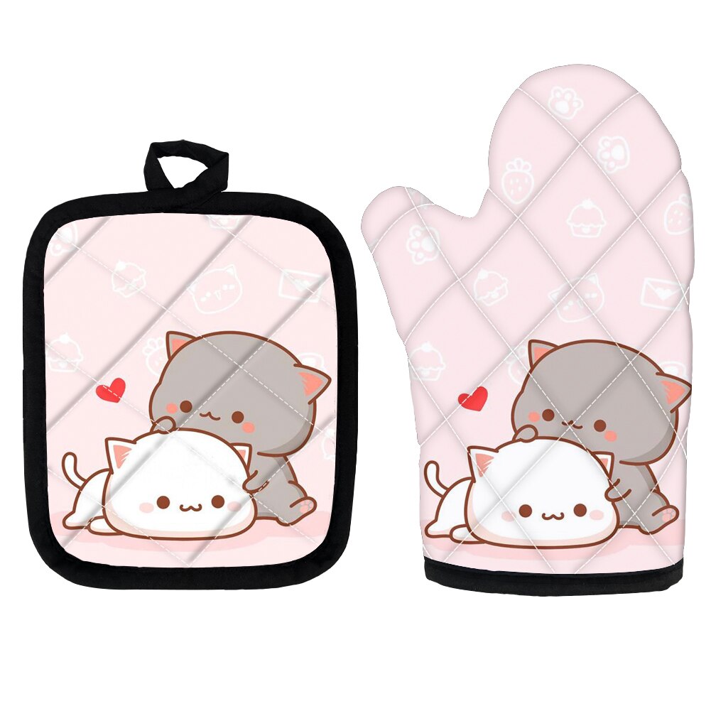 High Heat Protect Gloves Cute Cartoon Cat Print Polyester Microwave Oven BBQ Mitt Potholder Kitchen Mittens and Pad for Cooking: Z5072D19