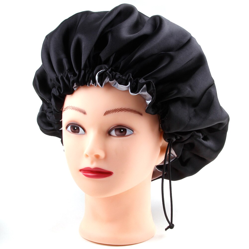 Gorro de satén Reversible para dormir, gorro de seda para mujer, gorro para el pelo de noche, cubierta para la cabeza, sombrero de doble capa ajustable, accesorios para peinados rizados: Black