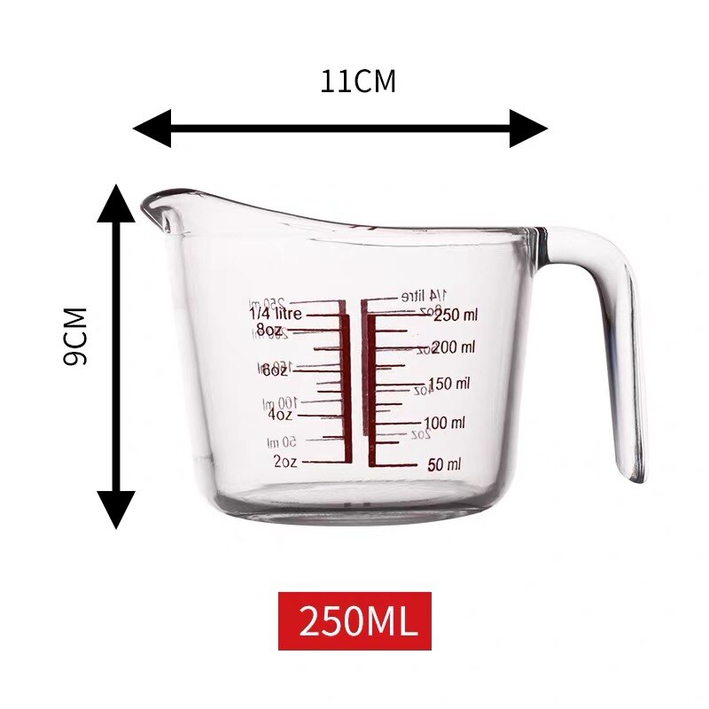 Taza medidora de vidrio resistente al calor con escala, herramienta de medición de vidrio para horno microondas, Hornear en Casa con agarre en ángulo de medición roja: 250ml