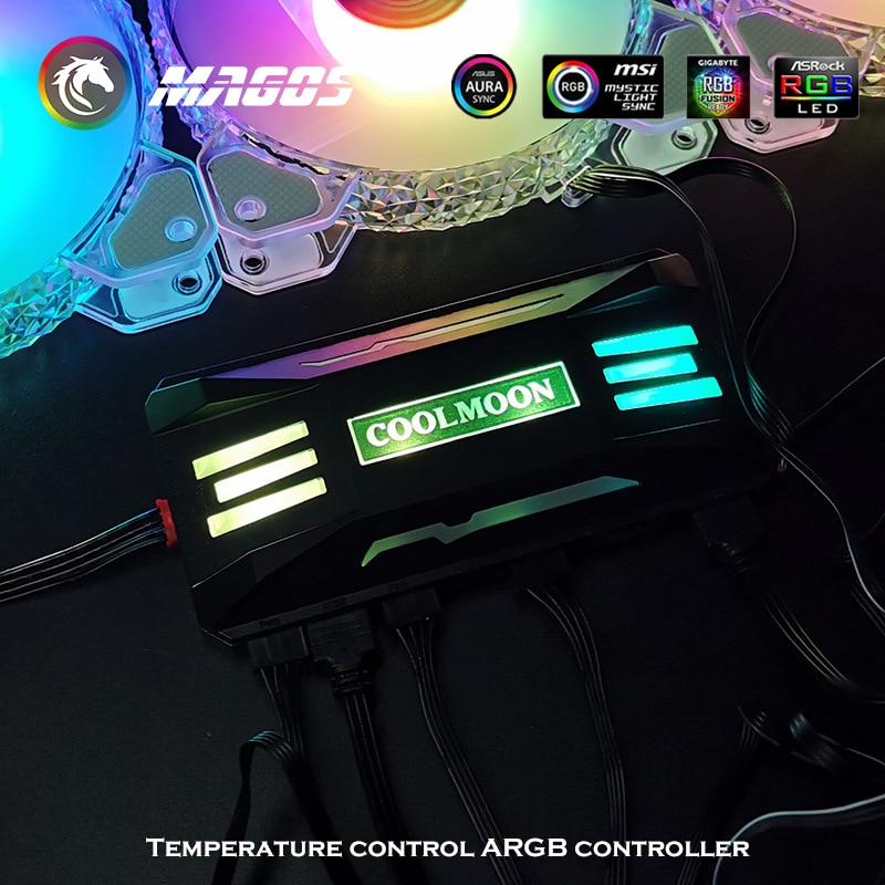 COOLMOON Fan RGB HUB Controller, PWM Smart TEMP. ADJ.+ 5V ARGB M/B SYNC, Wireless Remote Control For Chassis Fan