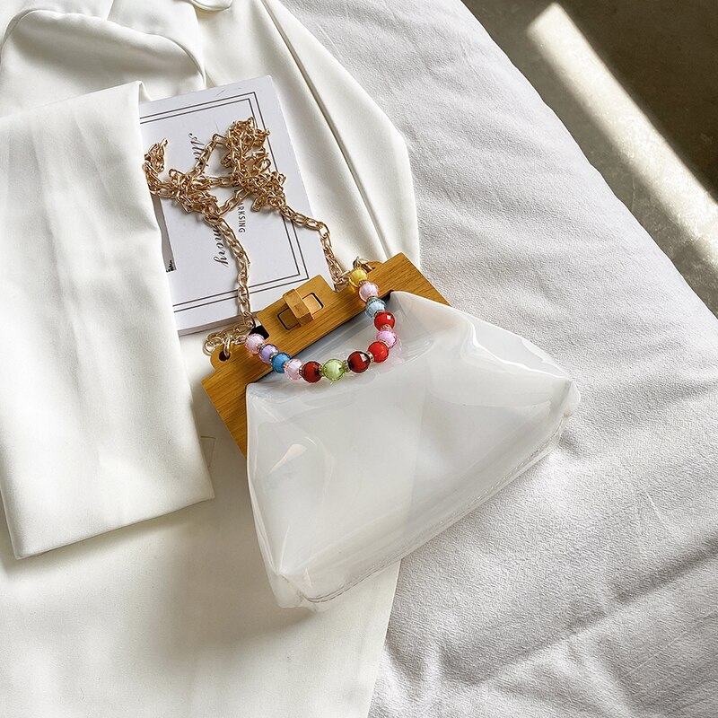 Transparent Jelly Tote bag Summer High PVC Women's Handbag Chain Shoulder Messenger Bag Travel Bag: 22 CM White