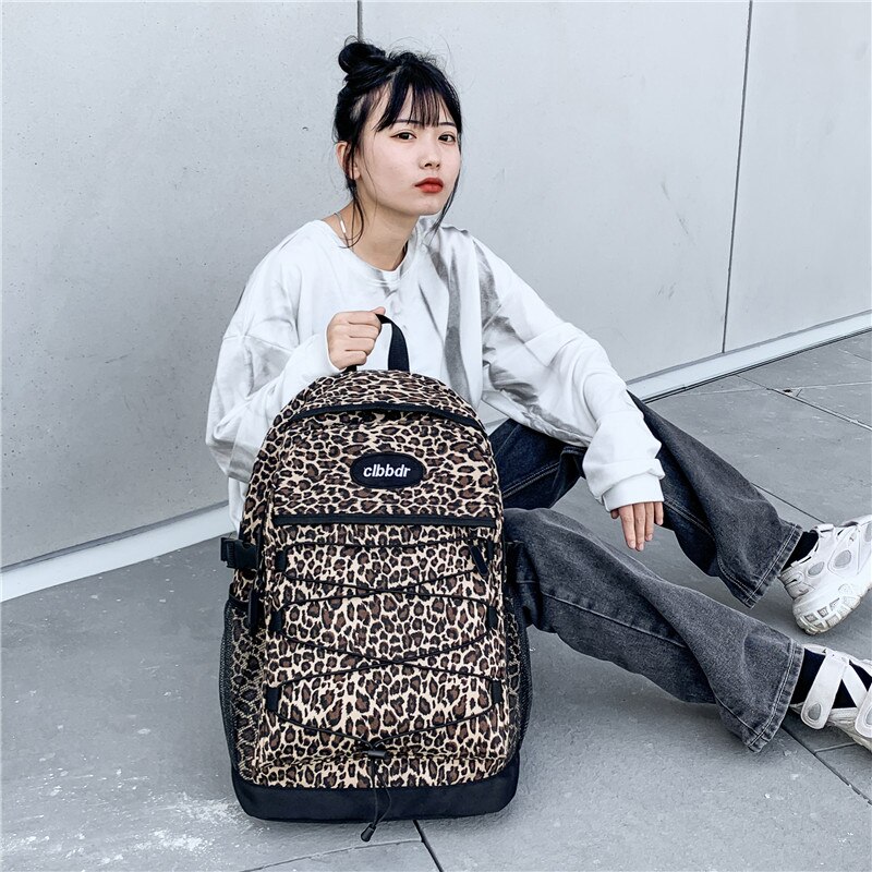 Dcimor stor kapacitet leopardprint kvinder rygsæk kvindelige flere lommer snoretræk laptop rygsæk universitetsstuderende skoletaske