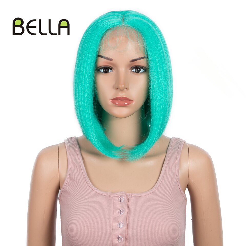 Bella Korte Bob Pruik Synthetische Lace Pruik Groen Blonde Bob Haar Cosplay Groene Tiffany Yaki Straight 4*4 Kant pruiken Voor Vrouwen Cosplay: Groen