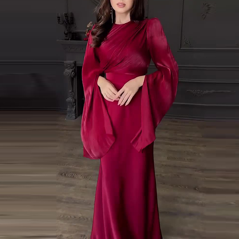 Vintage højtaljet dame satin lang kjole dame temperament rund krave kjoler slanke lange ærmer banketkjoler: M / Sort