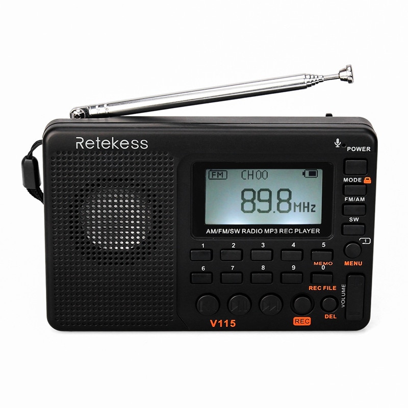 V-115 Portable Radio Full Band Radio Recorder FM AM MP3 Playback Support Plug TF 3.5 MM AUX Input Adjustable LCD Backlight