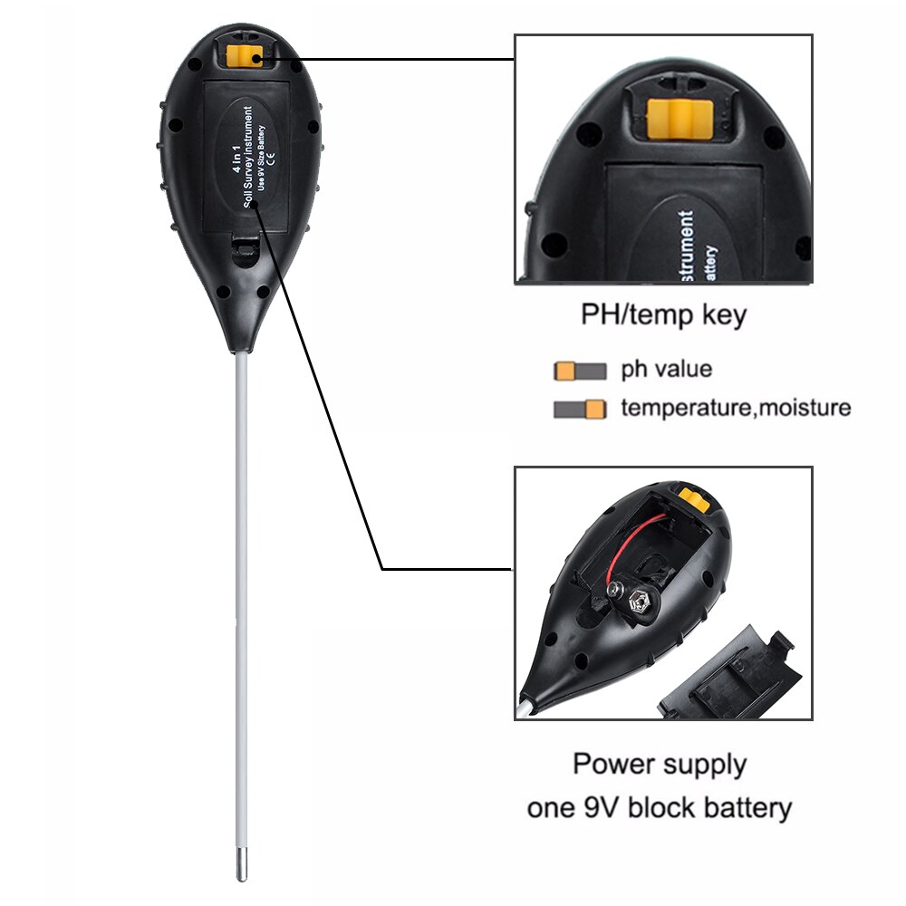 4 In 1 Plant Aarde Bodem Ph Vocht Licht Soil Meter Thermometer Temperatuur Tester Zonlicht Tester Voor Voor Tuinieren Farming