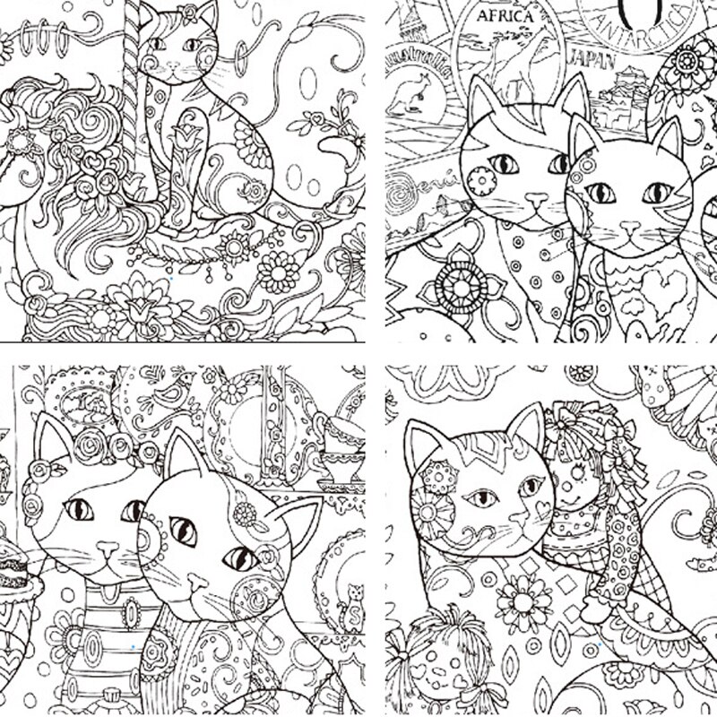 Katte malebøger 24 sider voksen lindre stress dræbe tid graffiti maleri tegning kunst bog papirvarer