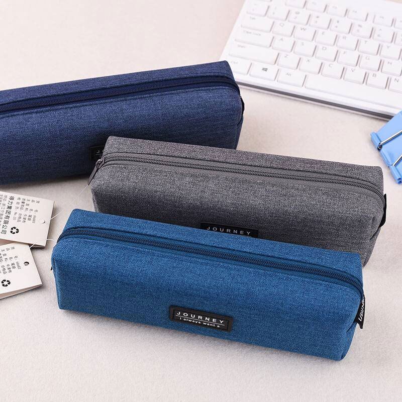Canvas Blue Pencil Case Solid Color Stripes Simple Pencil Bags for Student Stationery School Supplies Kids