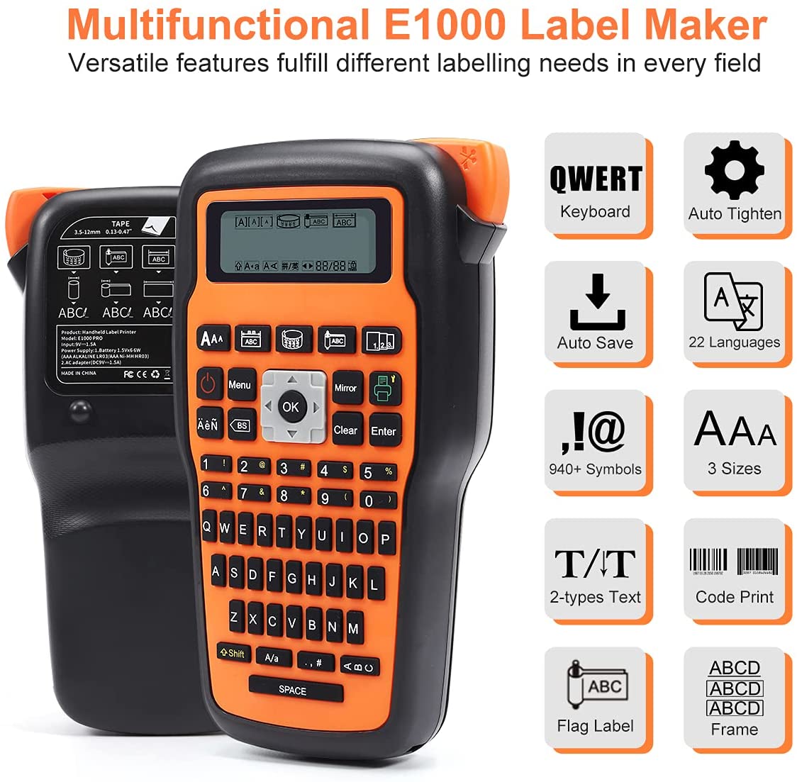 Etiquetadora portátil E1000 PRO, Compatible con cinta de TZe-231 Brother, teclado QWERTY térmico inalámbrico, máquina etiquetadora de múltiples símbolos