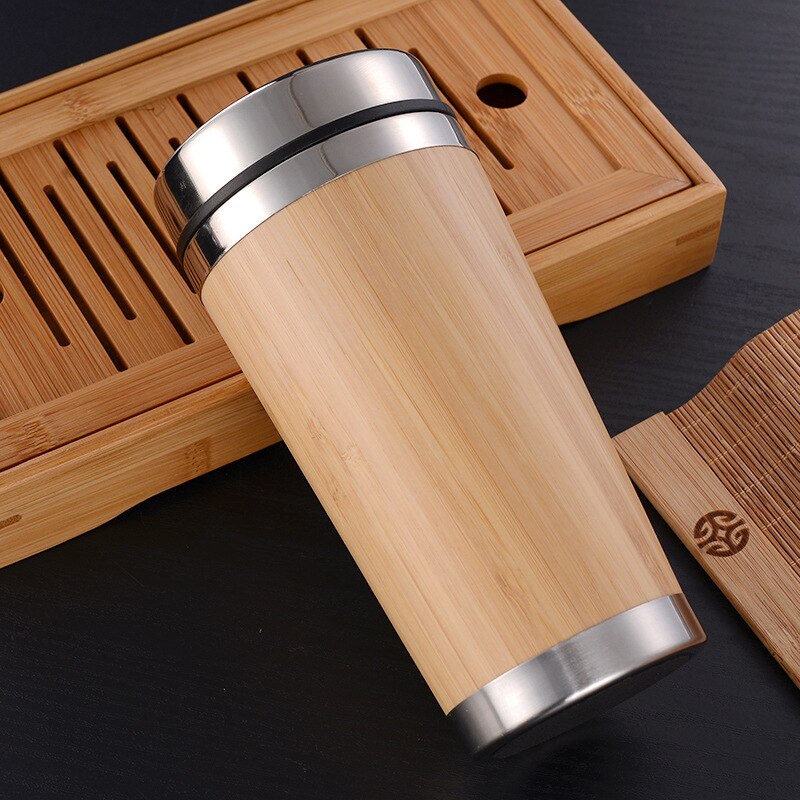 Taza de café de bambú taza de acero inoxidable taza de viaje de café con cubierta a prueba de fugas aislado café que lo rodea taza reutilizable