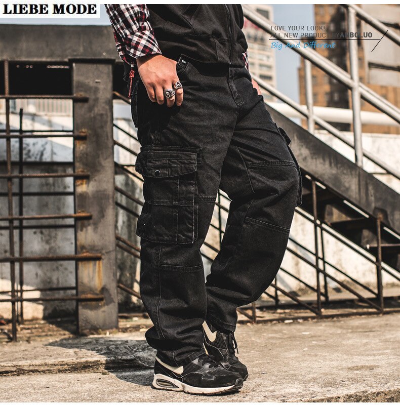 Herr jeans vida ben byxor med flera fickor lösa byxor plus size herr svarta oversized baggy cargo jeans homme hombre