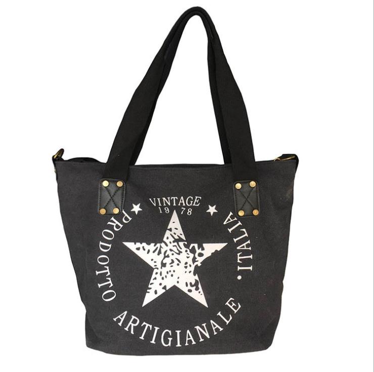 mode canvas vrouwen schoudertas Grote capaciteit casual Tote Pentagram afdrukken handtassen vintage style vrouwen tas: Zwart