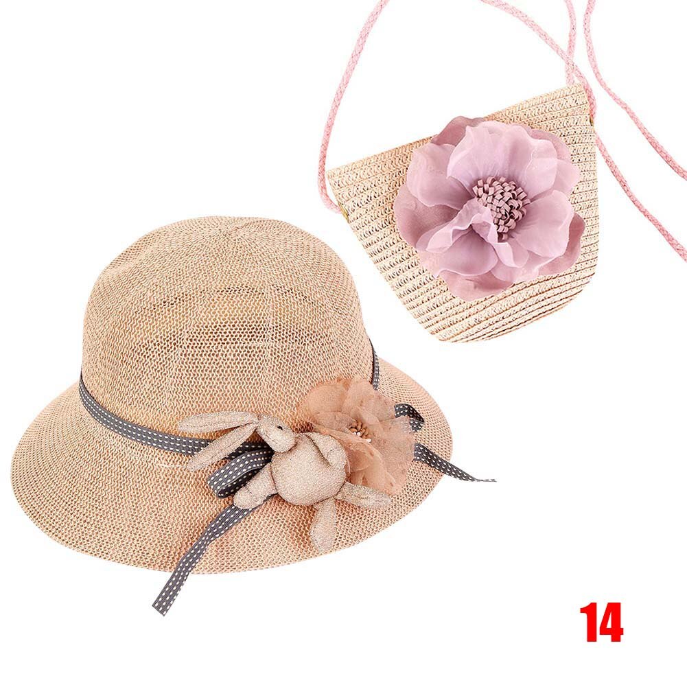 Women Girls Straw Sun Hat + Cute Flower Straw Shoulder Bag Set Summer Beach Kit -B5: 14