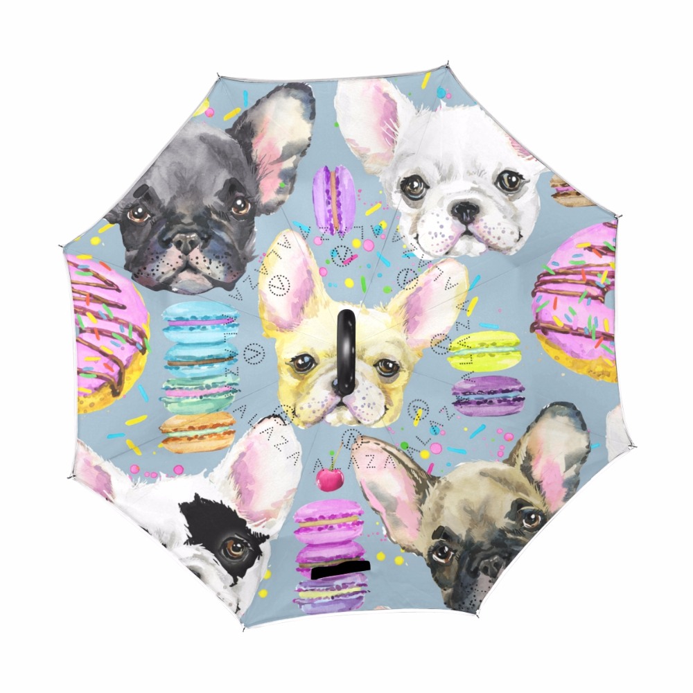 Watercolor French Bulldog Inverse Umbrellas C-Hook Handle Reverse Folding Double Layer Windproof Rainy Sunny Umbrella