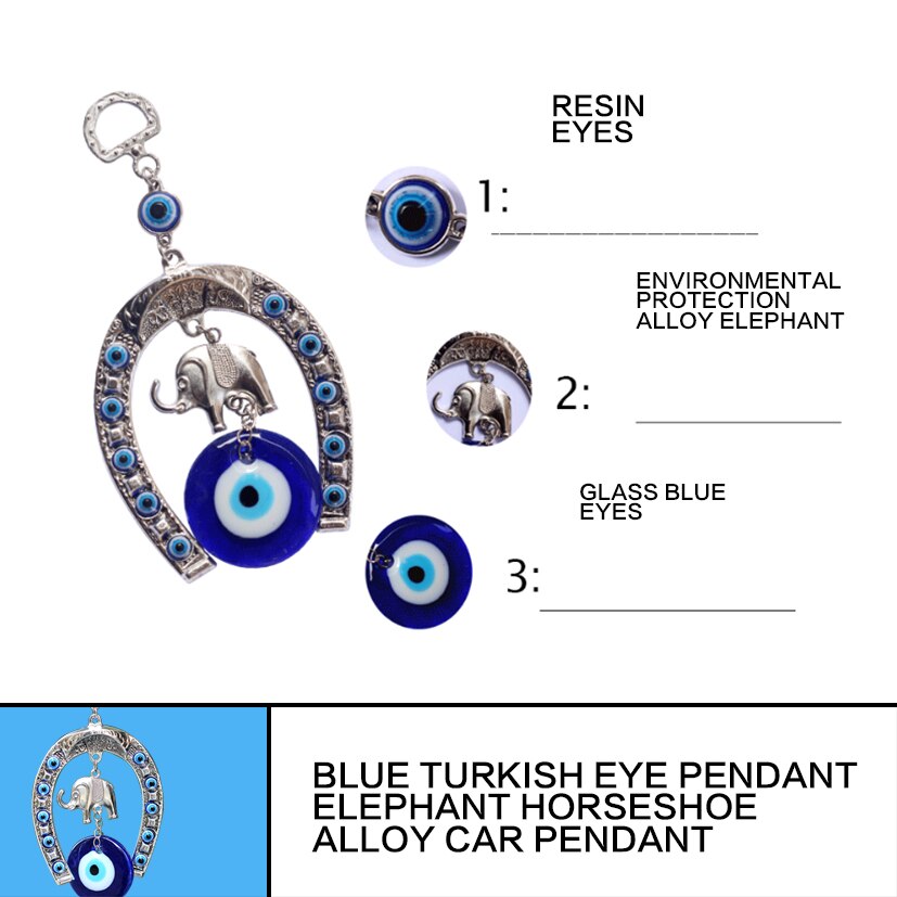 Herradura de ojo de caballo azul turco de 13x6,5 cm, amuleto colgante de pared con elefante y cinta, colgantes étnicos de la suerte, decoraciones para el hogar