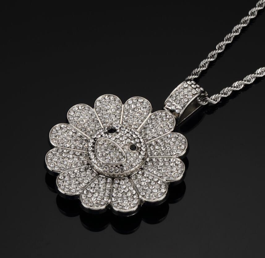 Men Hip hop Iced out bling Sun flower shape pendant necklaces rotatable popular Charm Necklace Hiphop jewelry: ZD04 / 60cm