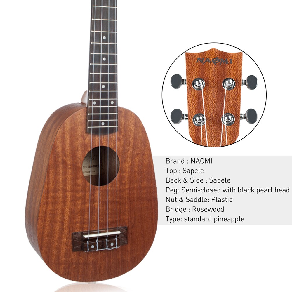 Noemí 26 pulgadas ukelele forma de piña Sapele Topboard Backboard plástico Nut Rosewood puente Ukeleles para niños pequeños niños principiantes