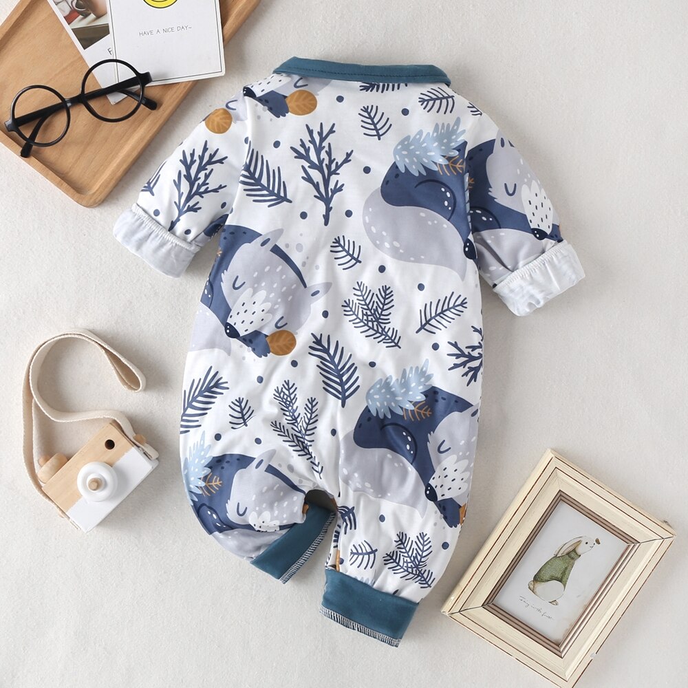 Nyfödda babykläder pojkar klumpar söta träd varg tryckt långärmad vinter bomull barn jumpsuit lekdräkt outfits kläder