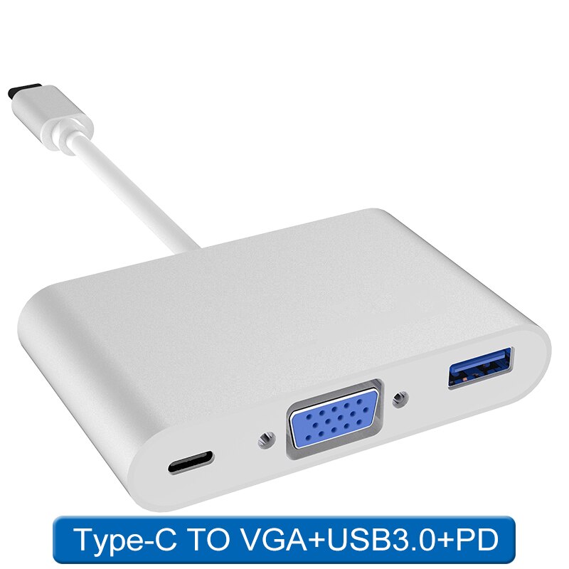 Type c til vga usb 3.0 pd 3- i -1 thunderbolt type c hub  to 4k vga usb adapter med type-c strøm til bærbar computer: Sølv