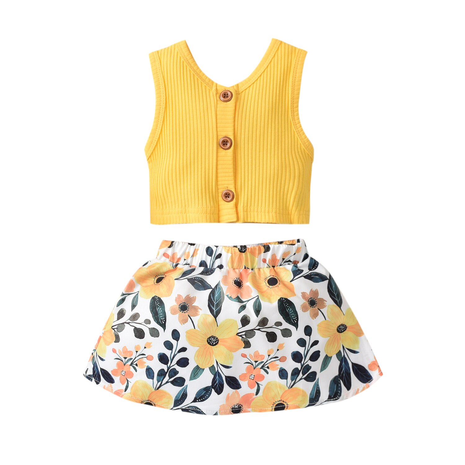2 Pcs Infant Summer Outfits, Baby Girl Sleeveless Ribbed V-Neck Button Tank Top + Flower Print Skirt (Green): 2 / 12M