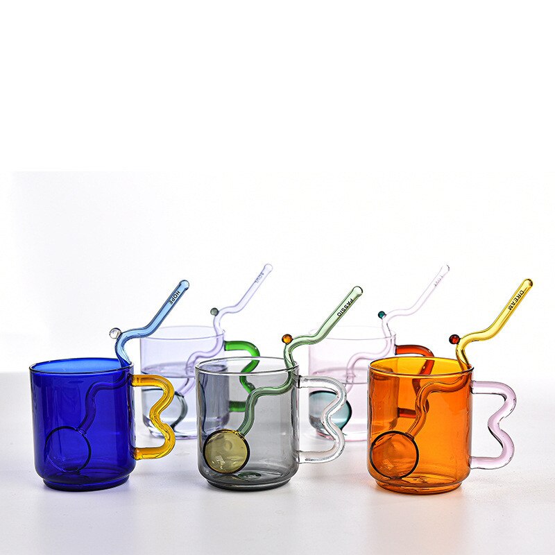 Tasse à café en verre coloré avec poignée d'oreille, tasse à expresso, pour jus de fruit, pour le bureau, pour le petit déjeuner, couleur contrastée,