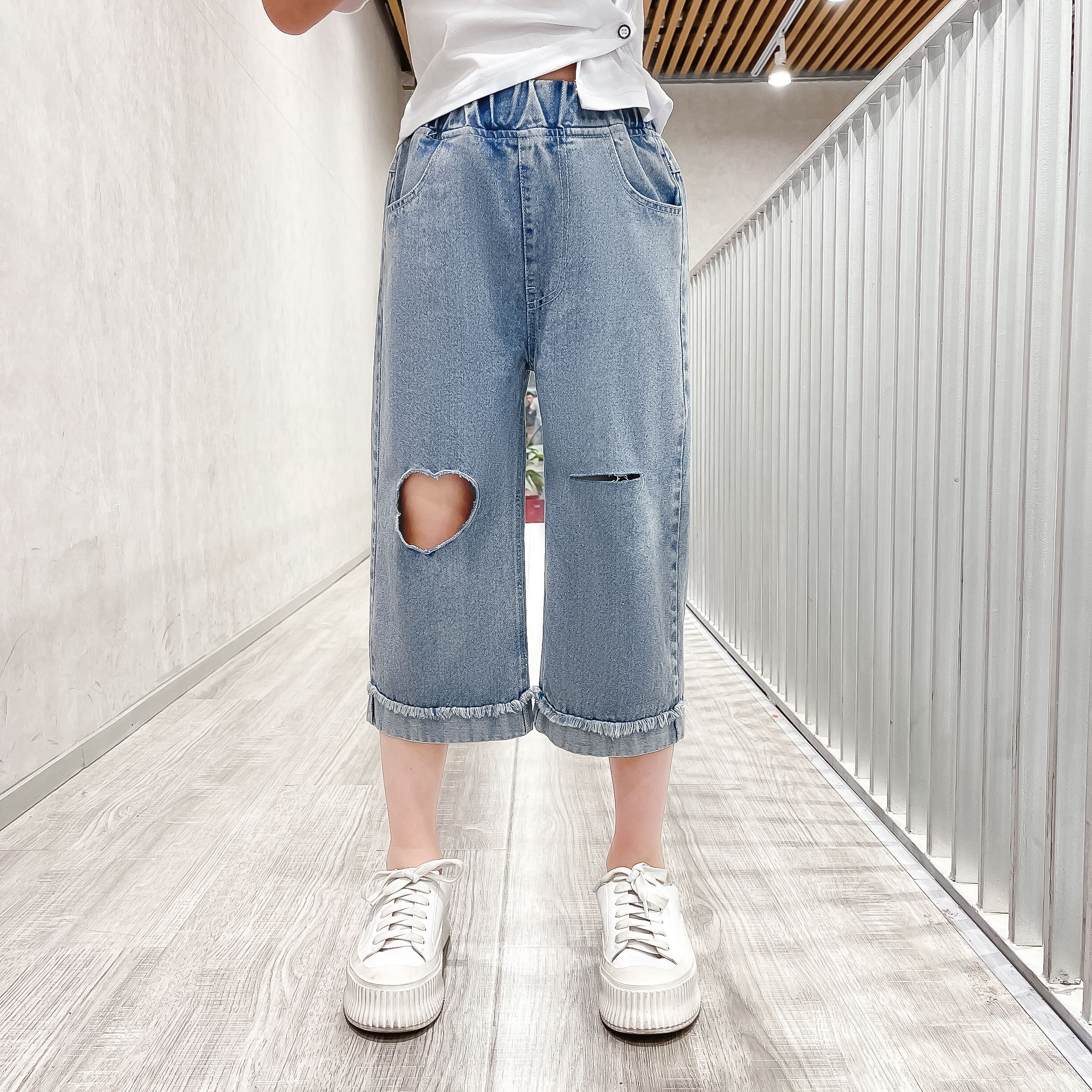 Jeans With Heart Hole Kids Girls Solid Color Thin Denim Capri Pants Teenager Summer Casual Style Student Trousers 4-14Y: 14