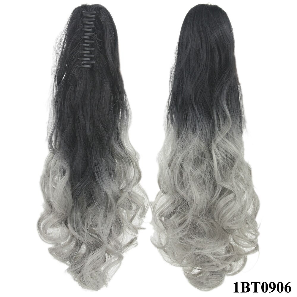 Soowee – Postiche Queue De Cheval synthétique à pince, 24 pouces, Extensions De cheveux ondulés gris ombré, Postiche Queue De Cheval