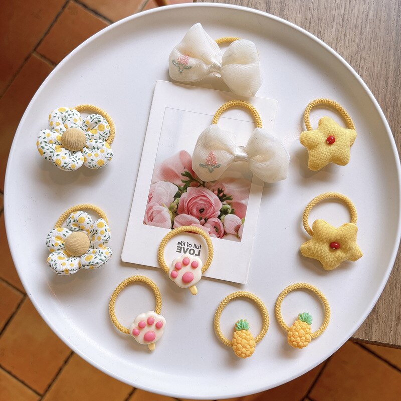 10 stücke Koreanische Süße Kawaii Baby Mädchen Elastische Haar Bands Stoff Blumen- Bogen Haar Seil für freundlicher Kleine Mädchen Haar zubehör: 10Stck Ananas