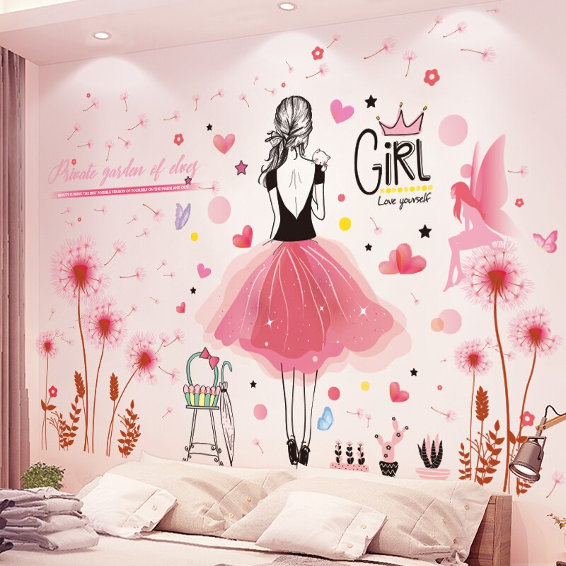 [shijuekongjian] Dandelion Flowers Wall Stickers DIY Cartoon Girl Mural Decals for Living Room Kids Bedroom House Decoration: flower and girl