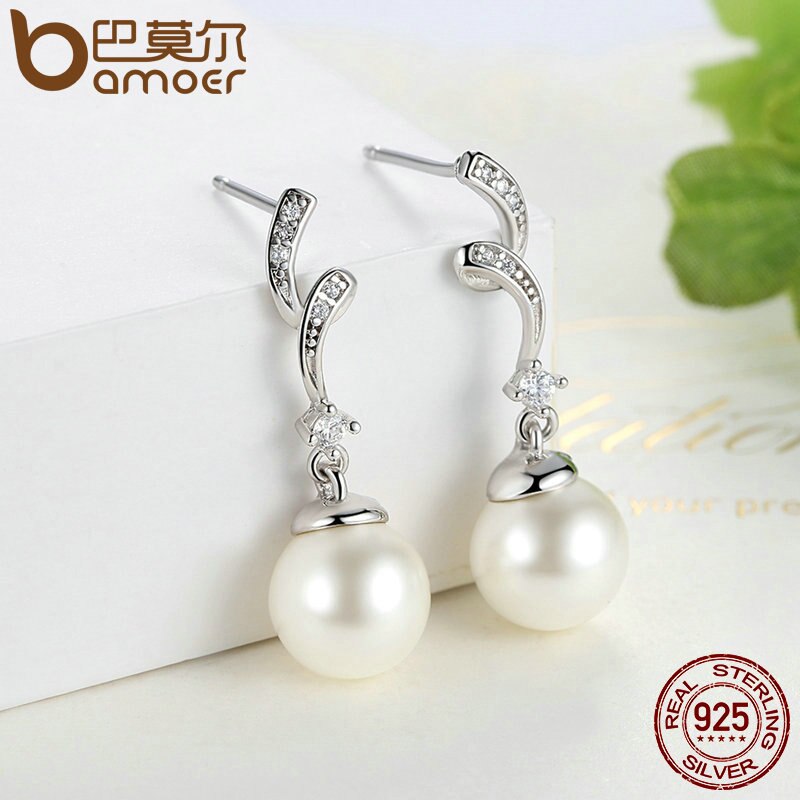 BAMOER Unique 100% 925 en argent Sterling simulé perle et vague boucles d'oreilles femmes bijoux de SCE035