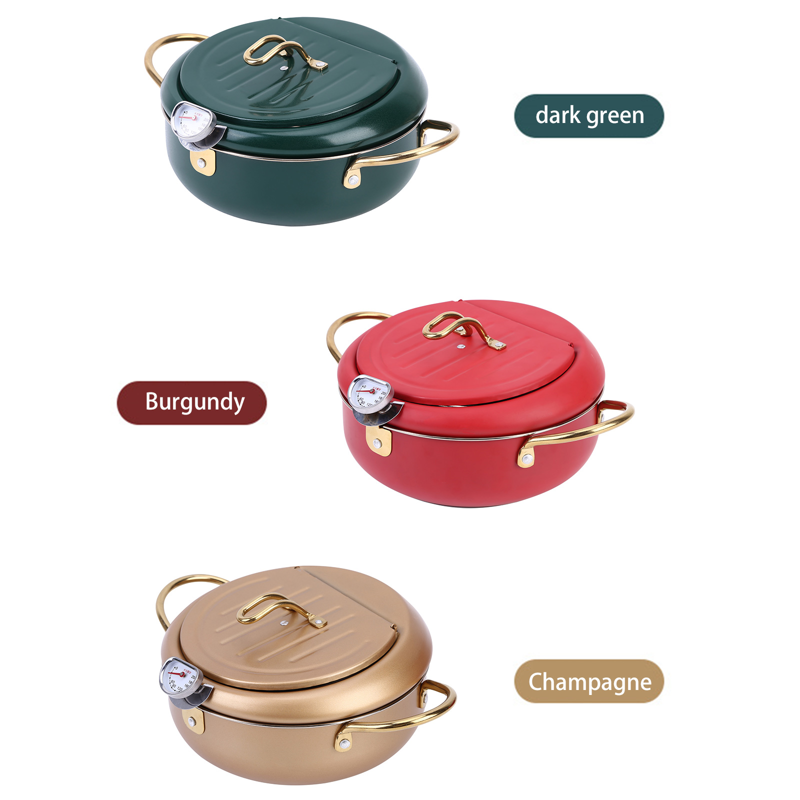 Freidora de estilo japonés de acero inoxidable 304, olla con termómetro de tapa para el hogar, patatas fritas, pescado, suministro de cocina, 20cm, 24cm