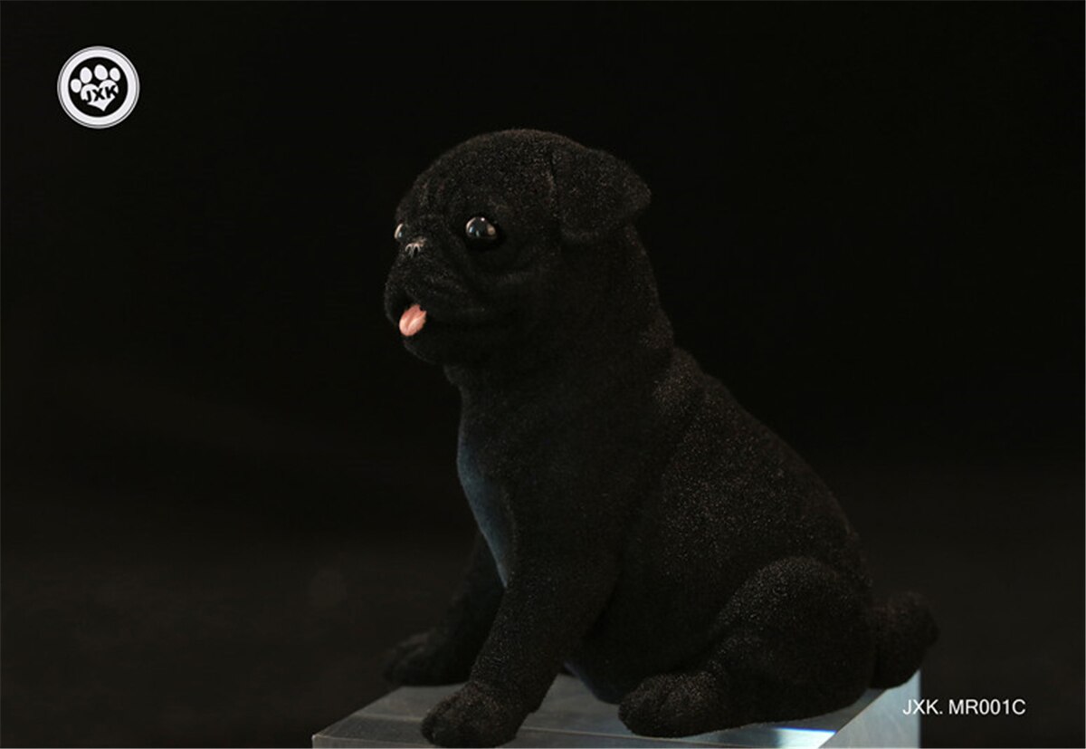 JXK Cute Pug Dog Pet Healing Figure Canidae Fluff Puppy Animal Model Collector Toy: JXK2035C(Black)