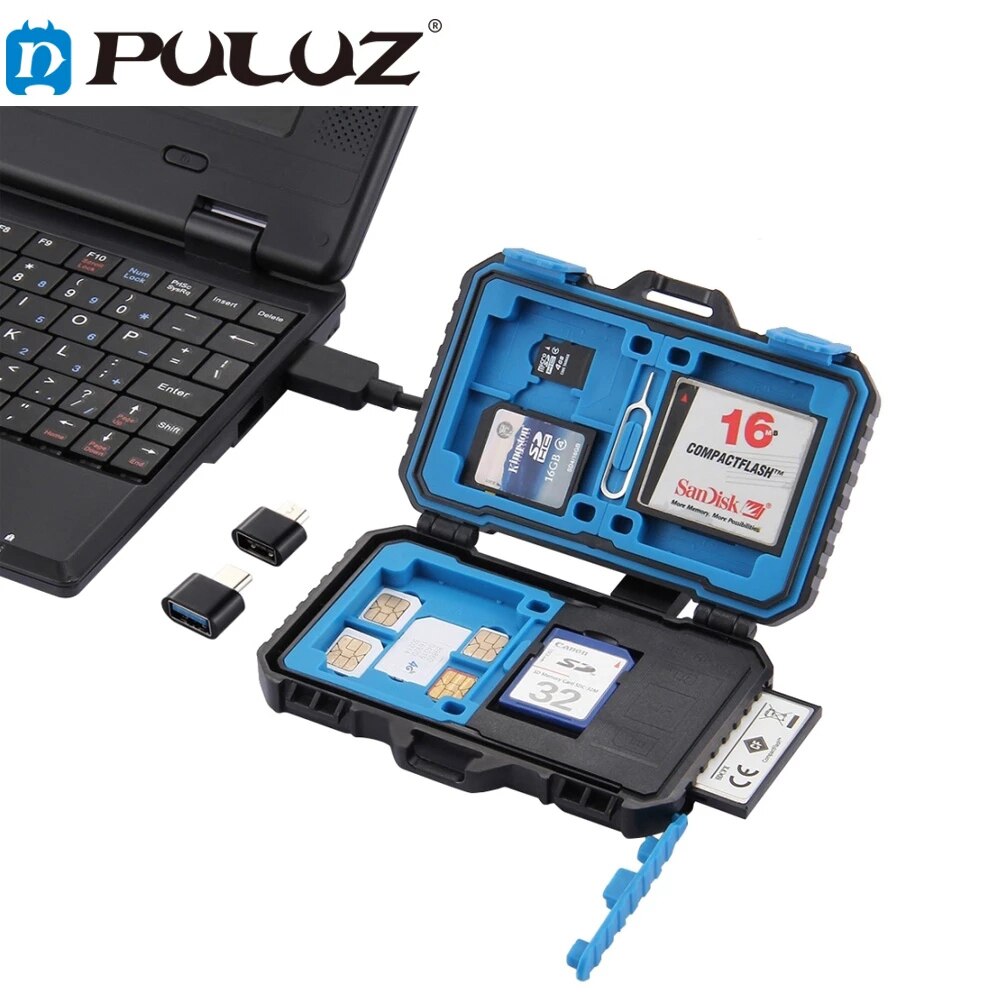 Puluz Geheugenkaart Case Usb 3.0 Sd Cf Tf Reader + Otg Fuction 9/22/27 Slots Waterdichte Sd Cf tf Sim Kaarten Storage Case Houder