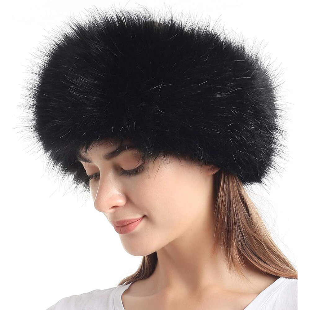 Faux Fur Hoofdband met Elastische voor vrouwen Winter Russische Stijl Earwarmer Oorbeschermer: Black