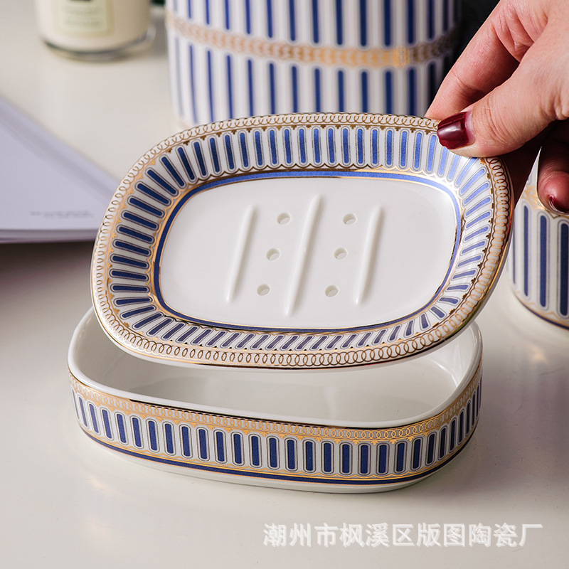 Luxury Blue Gold Ceramic Bathroom Five-piece Bathroom Supplies Soap Dispenser Brushing Mouth Cup Soap Dish Tray Toiletry Set