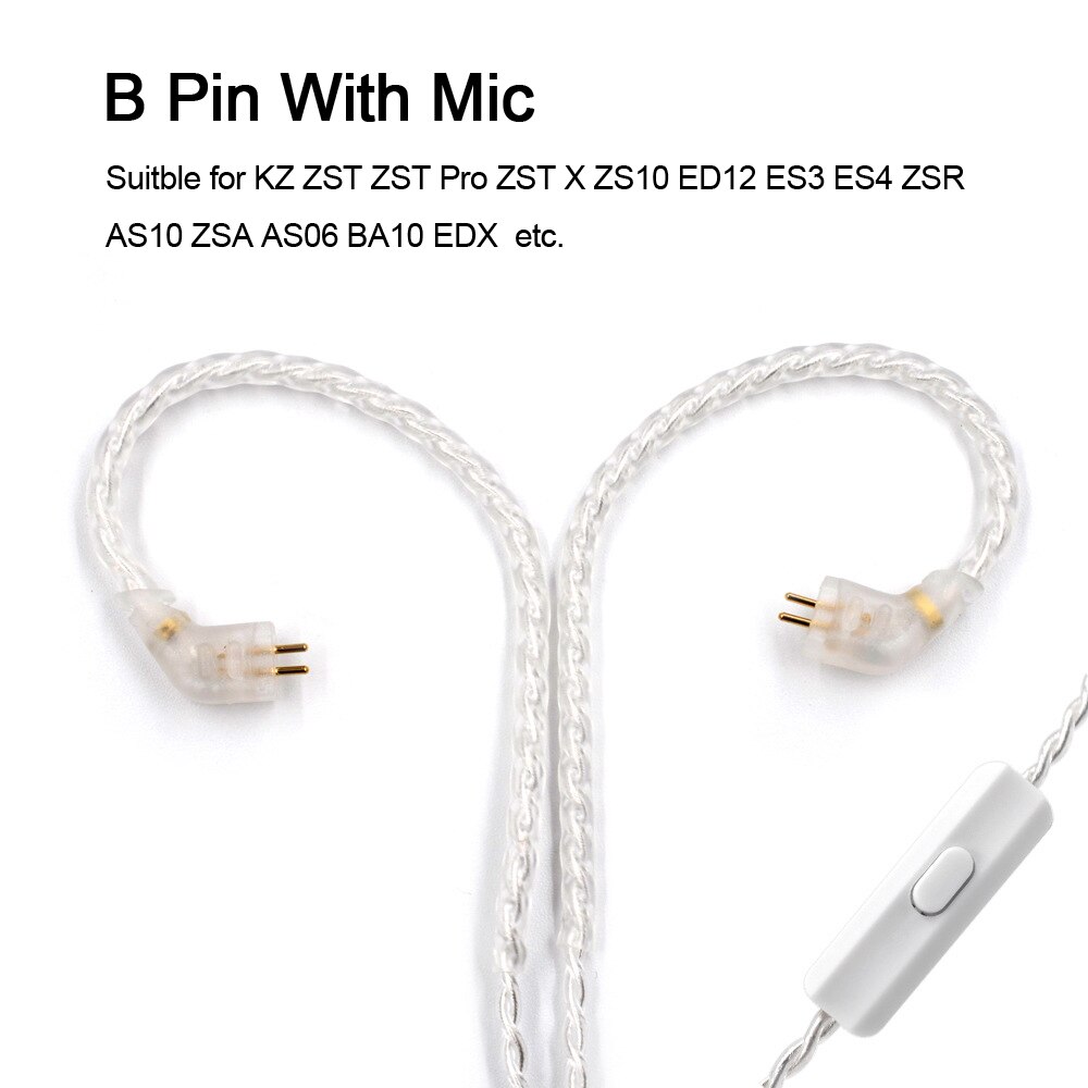 Kz Verzilverd Kabel Upgrade 2 Pin 0.75Mm B C Hoge Zuiverheid Zuurstofvrij Koper Koptelefoon Draad Met Microfoon voor Zst X Zsn ZS10 Zsx Pro: B Pin With Mic