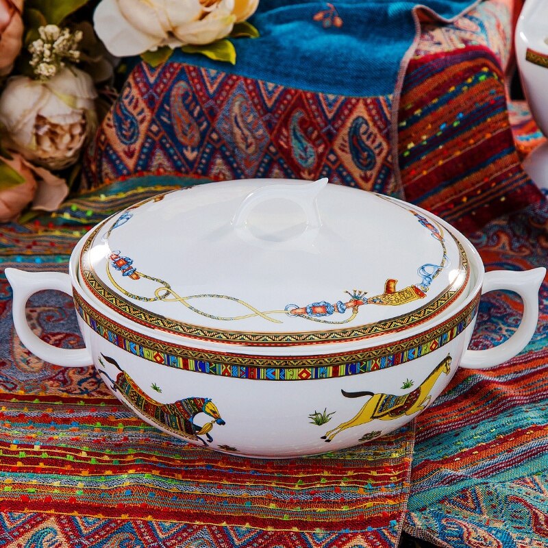 Ceramic Flatware Tableware Set Rice Pasta Bowl Plate Fish Dish Soup Pot Spoon Bone China War Horse Kitchen Utensil Wedding