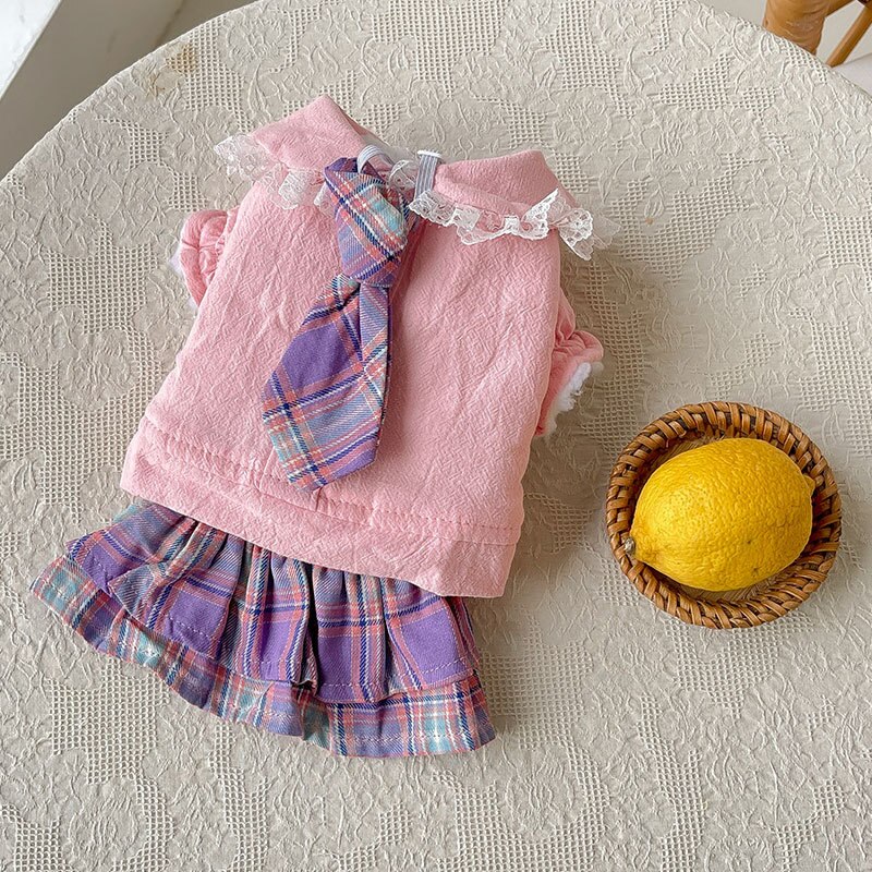 Vestidos de algodón para perros pequeños y gatos, ropa con corbata, tutú, Yorkies, Otoño e Invierno: pink / S
