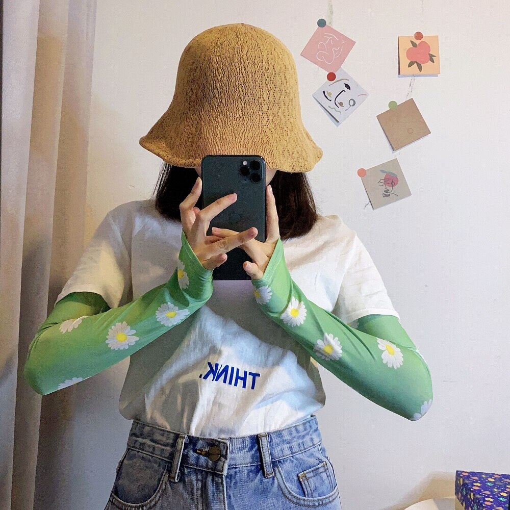 Nyaste kvinnor blommönster isärmar sommararmvärmare solskydd sporthandskar cool is silke anti-uv-ärm: G