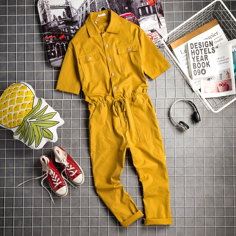 Monos de verano para hombre, mono de algodón con solapa, hasta el tobillo manga corta, ropa de calle de Hip Hop, pantalones holgados de ocio, color negro y amarillo