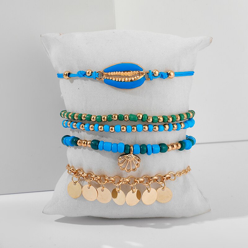 Docona 4Pcs Boho Shell Kralen Enkelbandje Set Voor Vrouwen Multilayer Verstelbare Sequin Hanger Voet Ketens Strand Sieraden Tobillera 8792